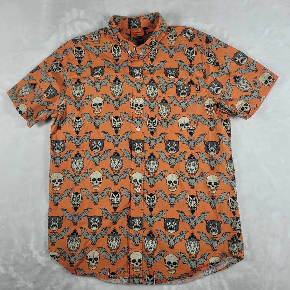 Beistle Creepy Co Button Shirt Men's Medium Orange Halloween Bats Vampire Witch‎